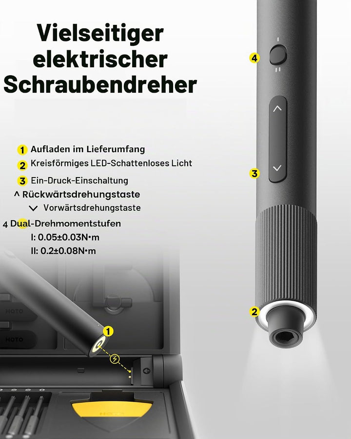 HOTO Mini Elektrischer Schraubendreher Pro, 48 in 1 Feinmechaniker Set mit Öffnungs-Werkzeug &amp; Präzi