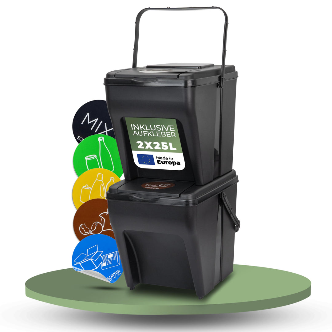 Novaliv Mülltrennsystem Set - 2x 25L Mülleimer Trennsystem - Mülleimer 4 Fächer - Mülltrennsysteme s