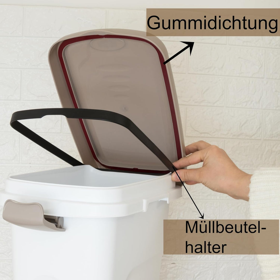 Hummelladen Abfalleimer 15 Liter Weiss-Taupe 33x22x41cm - mit Gummidichtung im Deckel verschliessbar