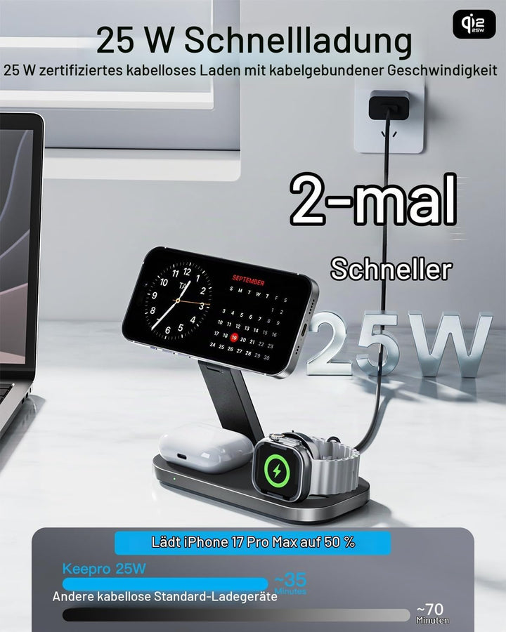25W 3-in-1 Kabellose Ladestation mit MagSafe, Faltbare Induktives Magnetische Ladegerät für iPhone 1