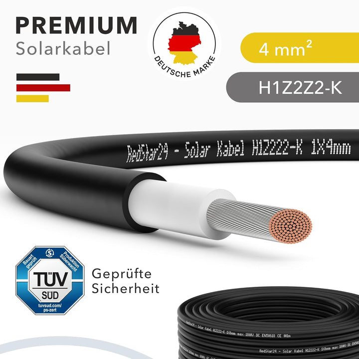 RedStar24 Premium Solarkabel 4mm² Schwarz - 30m - TÜV-zertifiziert - UV-beständig, flexibel, Photovo