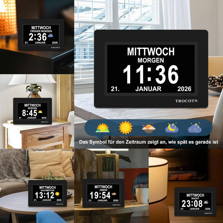 TROCOTN Demenz Uhr Senioren Digitale Uhr Tagesuhr Grosses Display Wecker Wanduhr (Schwarz, 7 Zoll) 7