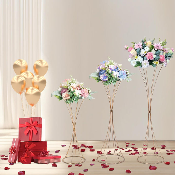 3 Stück Gold Blumenständer Metall, Hochzeitsvase Blumensäule Sanduhrförmig, Goldvasen Säule Dekosäul