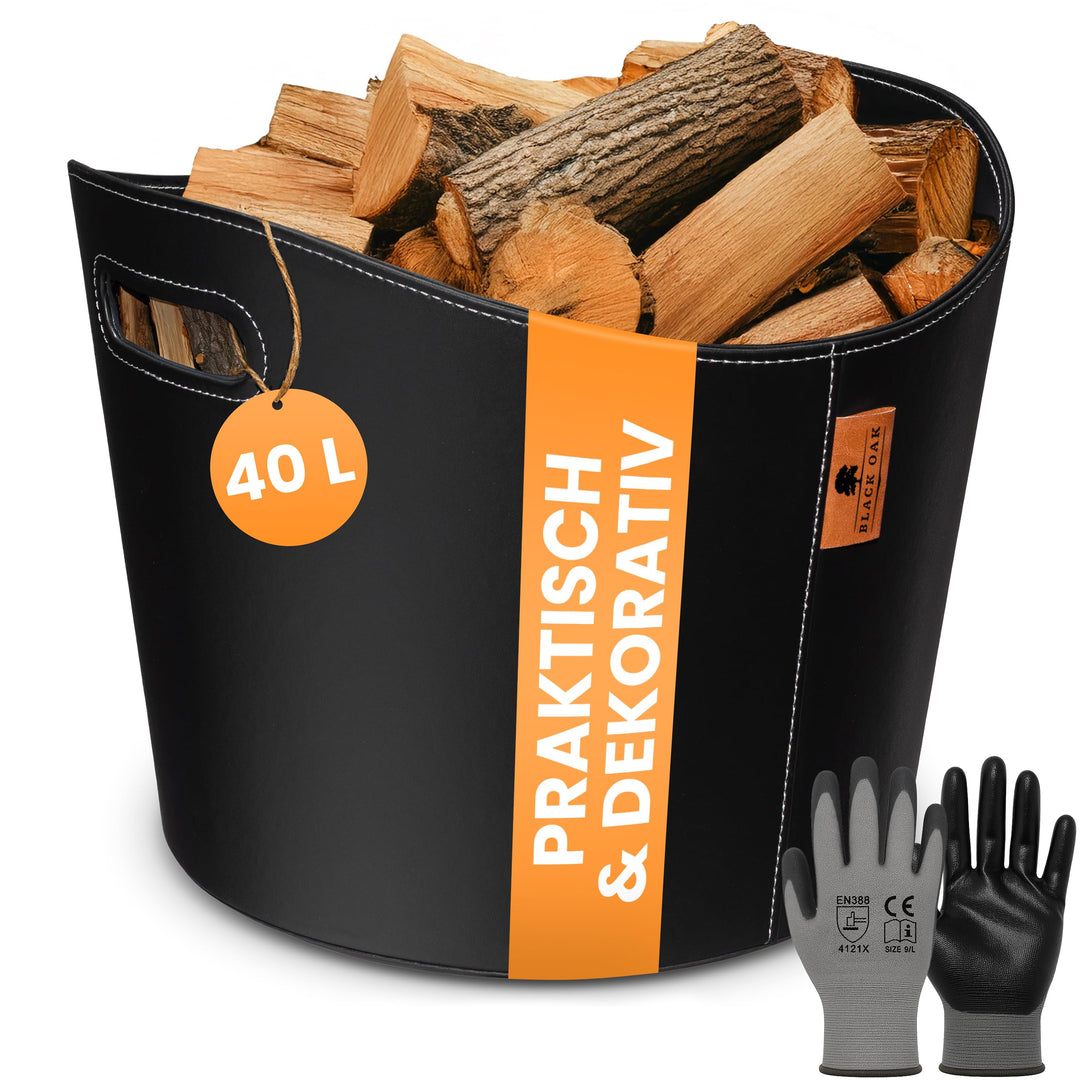 BLACK OAK DAKOTA L 40L Holzkorb für Kaminholz - Kunstleder schwarz 30kg Traglast - 40 Liter 40x38x32
