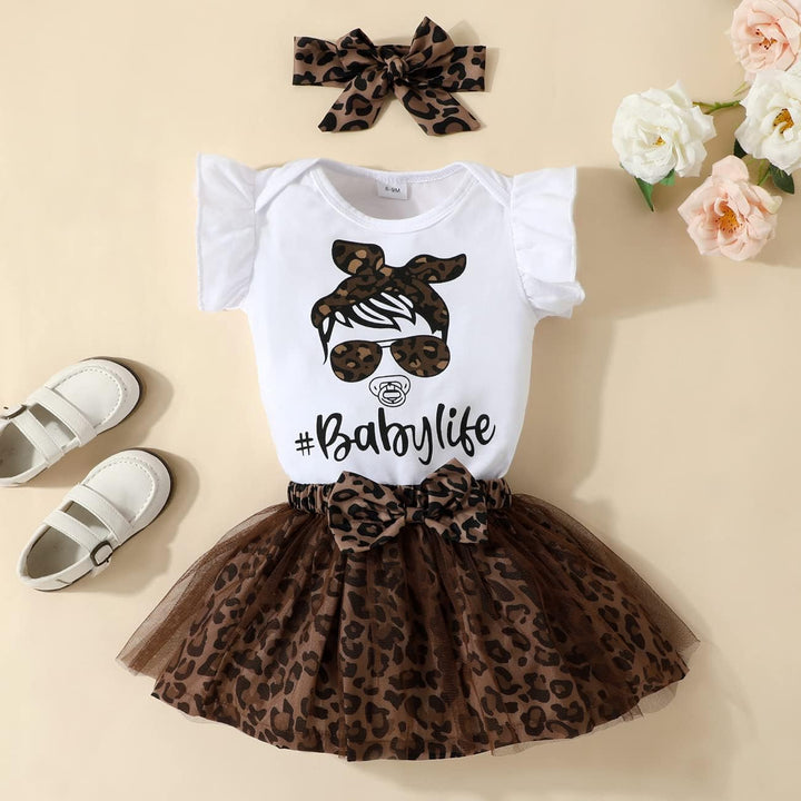 Baby Kleidung Mädchen Sommer Outfit, T-Shirt Rüschen Kurzarm Top + Leopardenmuster Netz Rock + Stirn