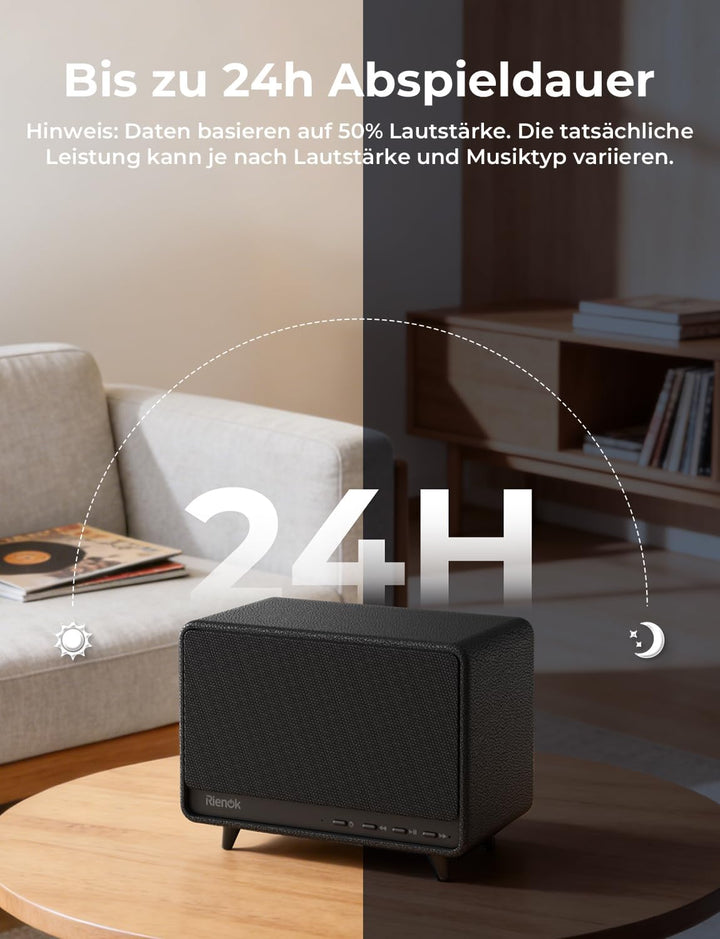 RIENOK Bluetooth Lautsprecher aus Holz, 40W Musikbox kabellos mit Holzgehäuse, 24 Std. Spielzeit kra
