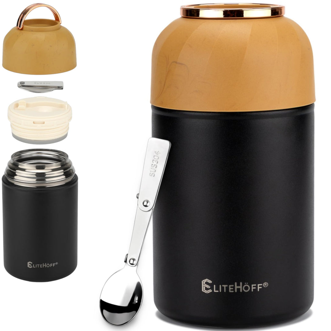 EliteHoff Thermobehälter für Essen, 1 L, Wärmebehälter für Speisen aus Edelstahl mit Löffel, Auslauf