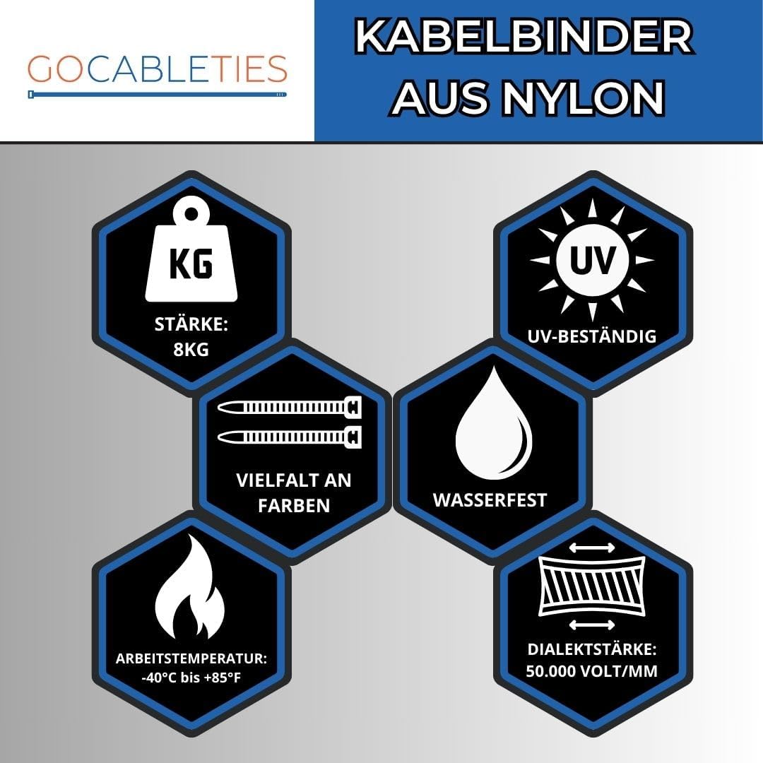 Gocableties Kabelbinder 1000 Stück Schwarz, 150 mm x 3,6 mm mit 18,2 kg Zugfestigkeit, kleine Grösse