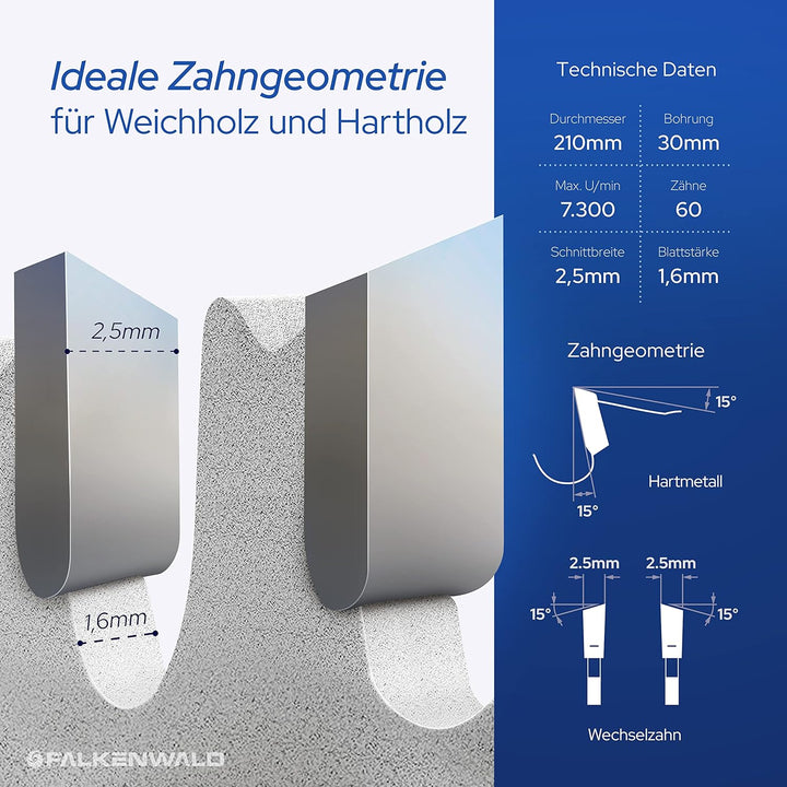 FALKENWALD® Sägeblatt 210x30 mm mit 60 Hartmetall-Zähnen für Holz (Wood) - Kreissägeblatt 210x30 mm