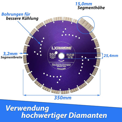 LXDIAMOND Diamant-Trennscheibe 350mm x 25,4mm - Segmente 15mm - passend für Beton Stahlbeton Waschbe