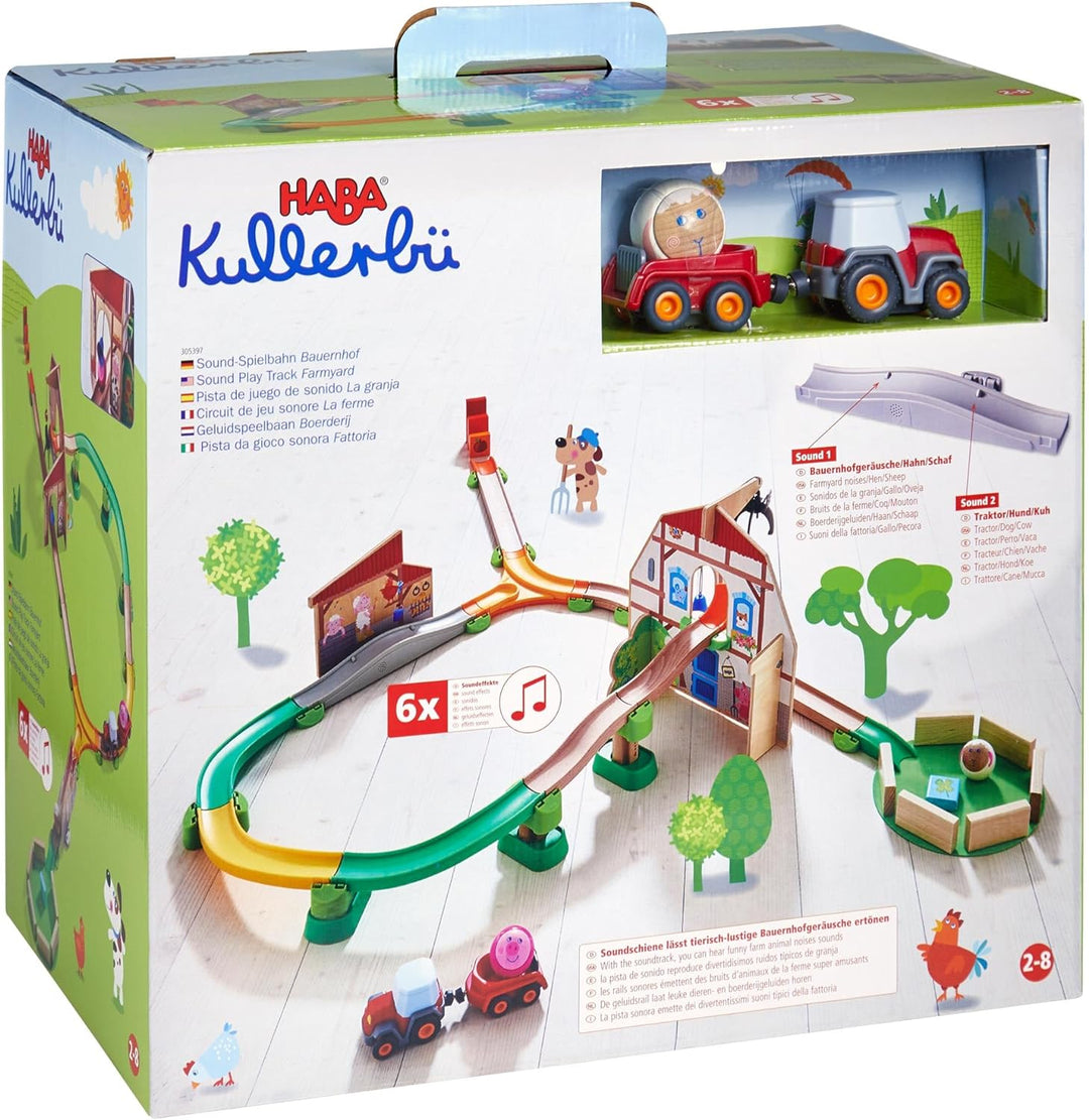HABA 305397 - Kullerbü – Sound-Spielbahn Bauernhof, Kugelbahn aus Holz mit Spielkulissen, Traktor, K