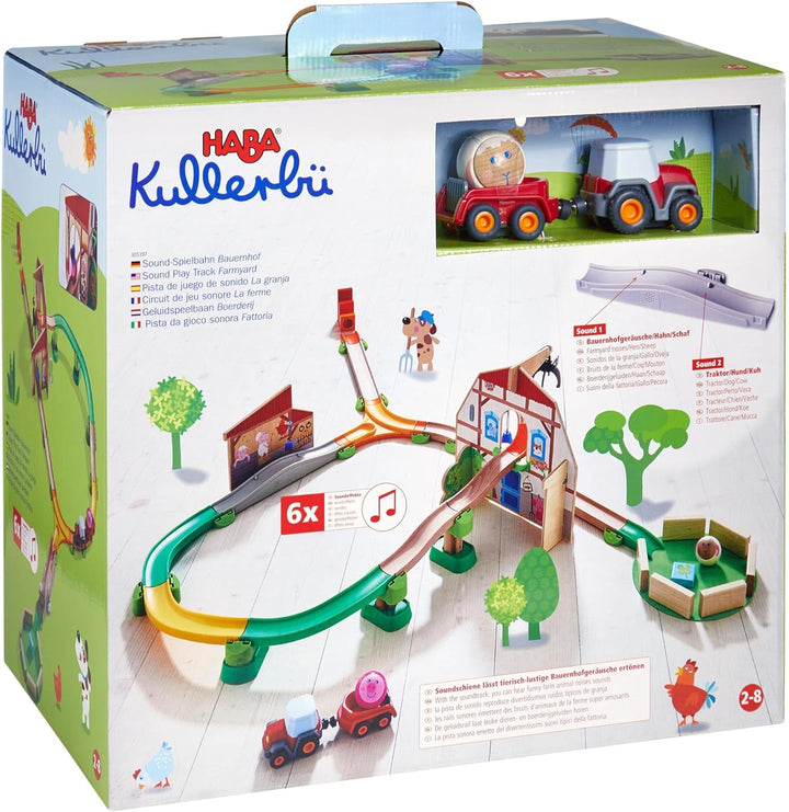 HABA 305397 - Kullerbü – Sound-Spielbahn Bauernhof, Kugelbahn aus Holz mit Spielkulissen, Traktor, K