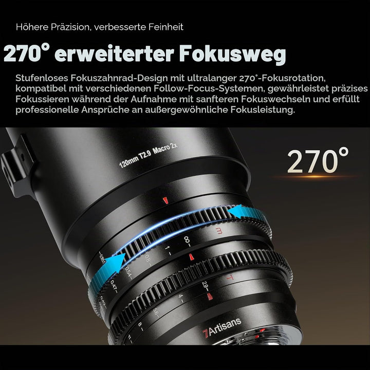 7artisans 120 mm T2.9 Macro 2X Cine-Objektiv, manuelles Cine-Objektiv mit festem Fokus, kompatibel m