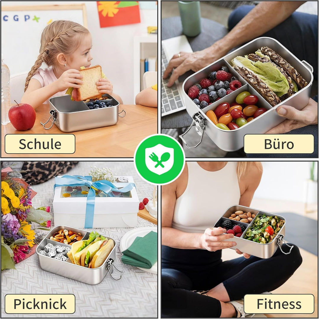 Onader Edelstahl Brotdose mit Fächern, 2400ml Gross Bento Box Lunchbox mit Abnehmbar Trennwand, Meta