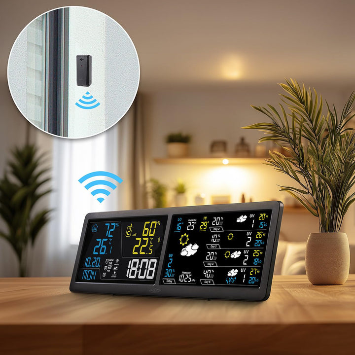 infactory Wanduhr: WLAN-Funk-Wetterstation mit Widescreen-VA-Display, Aussensensor und App (WLAN-Far