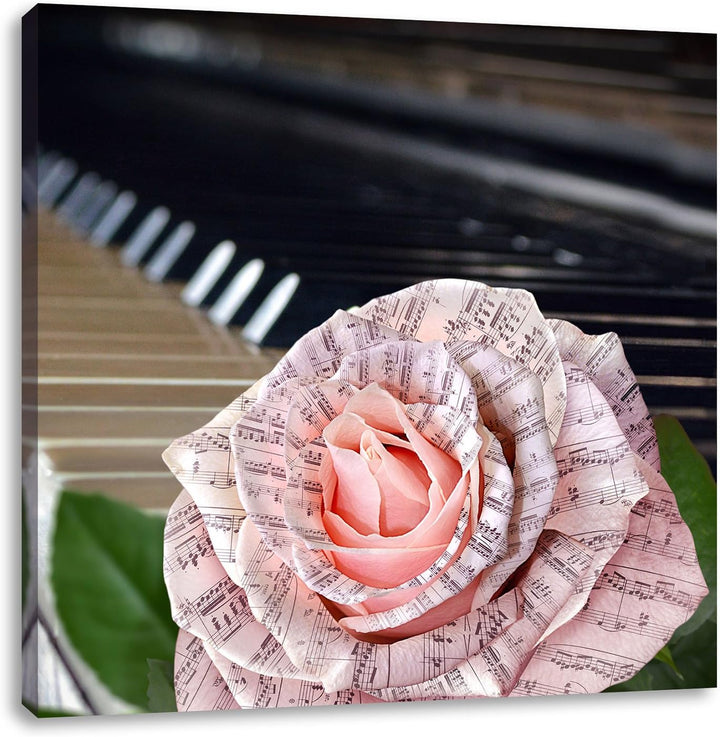 Pixxprint Noten auf zarter Rose neben Klavier, Format: 70x70 auf Leinwand, 70x70