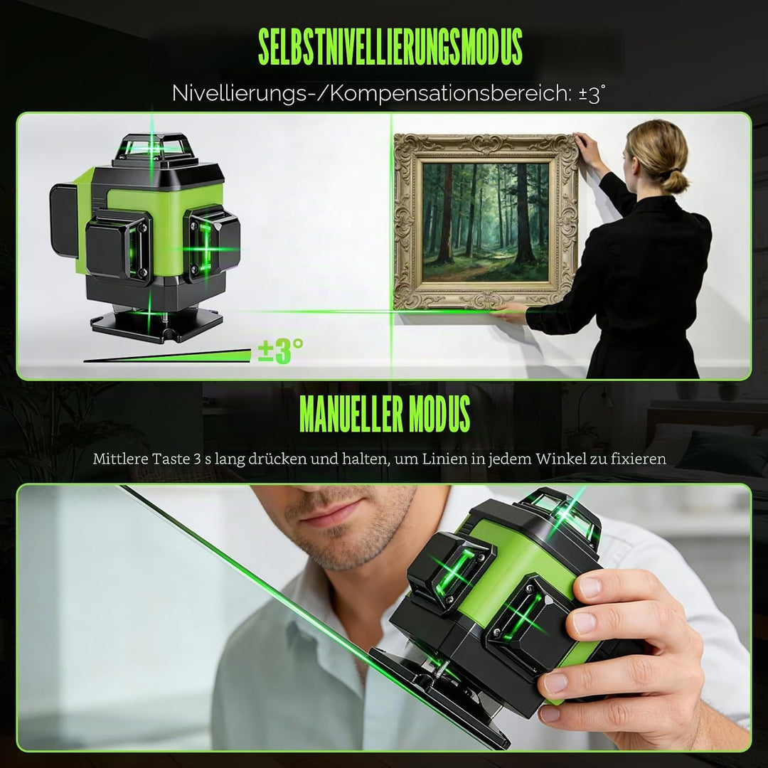4D 16-Linien Laser-Nivelliergerät, 4×360° Selbstnivellierend mit digitaler Batterieanzeige, Grüner L