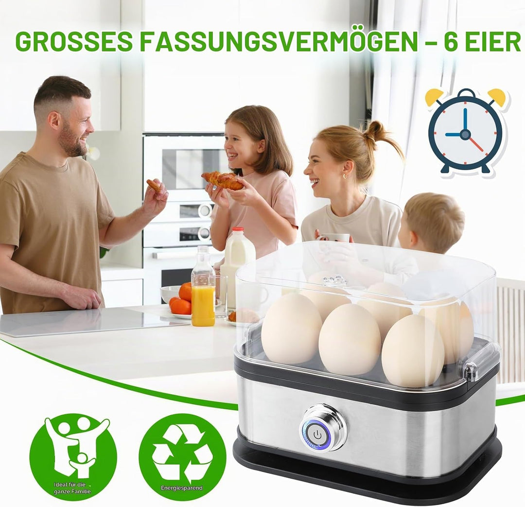 VINATO Eierkocher, bis zu 6 Eier (weich, mittel, hart, pochiert), Familiengrösse Egg Cooker, Leicht