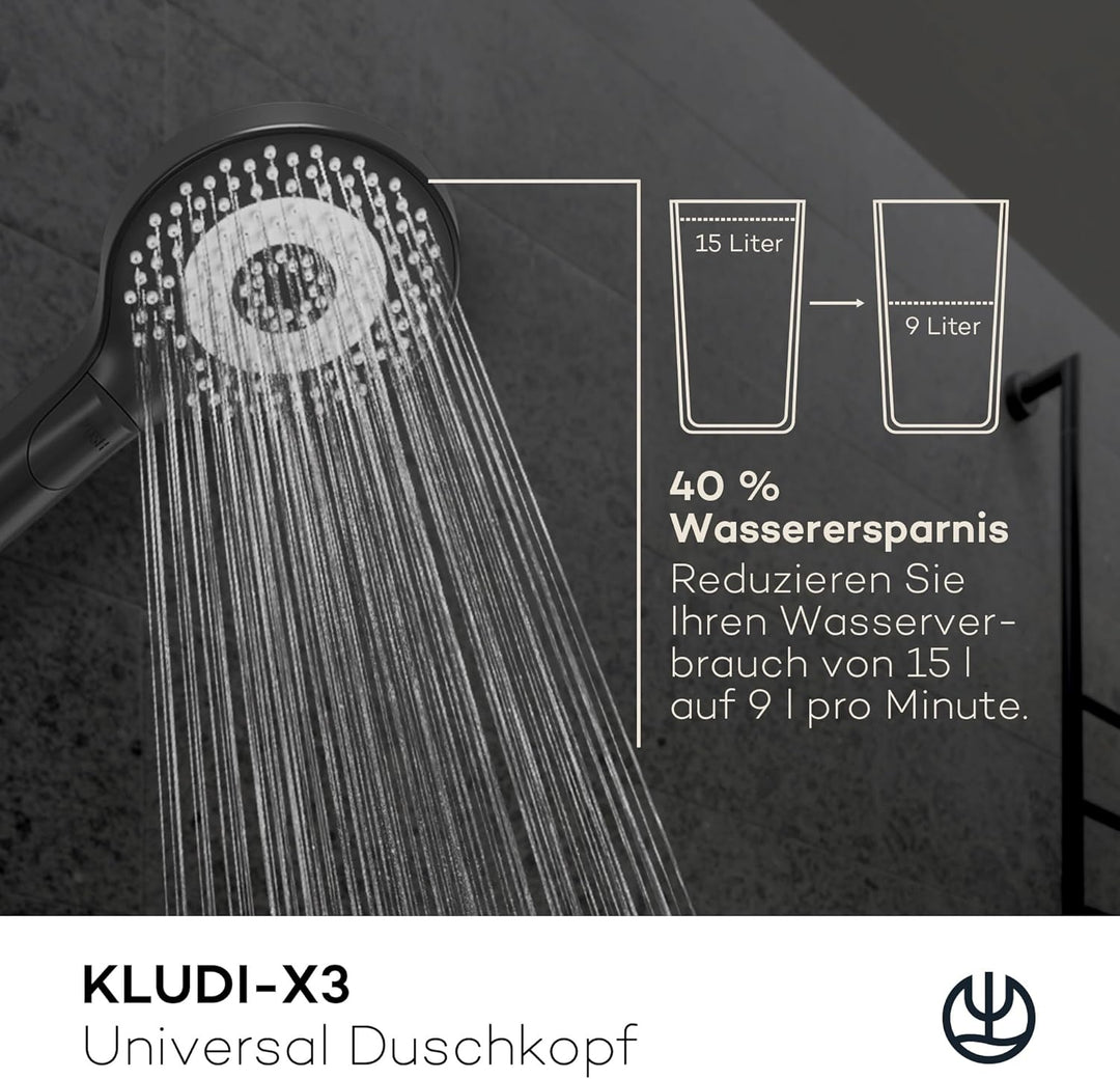 KLUDI-X3 Universal Duschkopf wassersparend als Option, Duschbrause mit 3 Strahlarten (Body, Hair, Sk