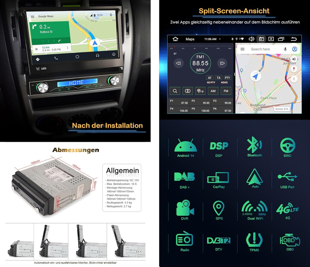 7 Zoll IPS Bildschirm Android 14 Acht-Kern 4GB+64GB Universal 1Din Autoradio Navigation DAB+ FM Radi