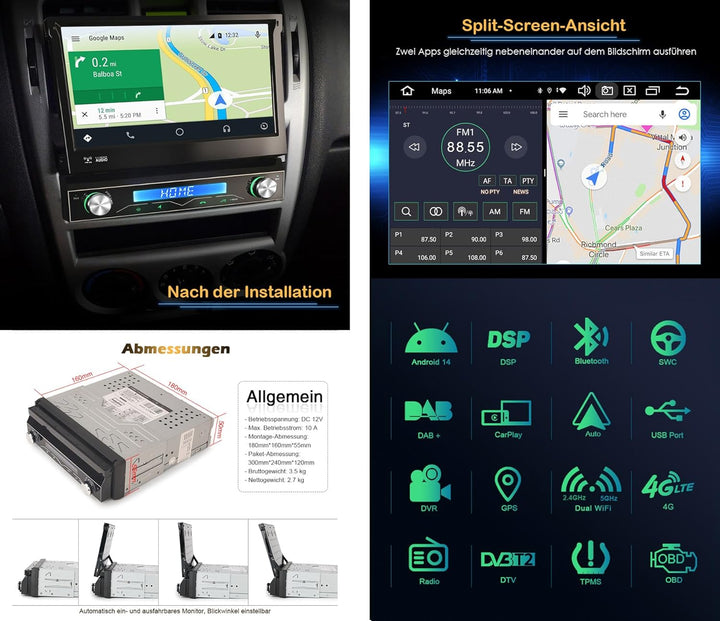 7 Zoll IPS Bildschirm Android 14 Acht-Kern 4GB+64GB Universal 1Din Autoradio Navigation DAB+ FM Radi