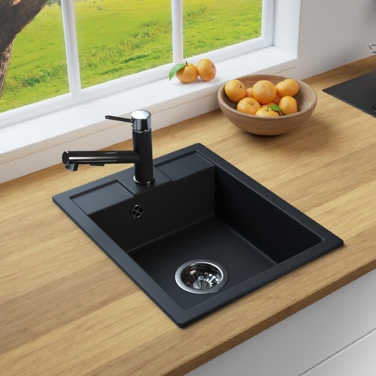 Rein Schwarz LINDBERGH® Antibakterielle Granit Spüle "MON44 + 1-Nero" + Siphon Einbauspüle Küchenspü