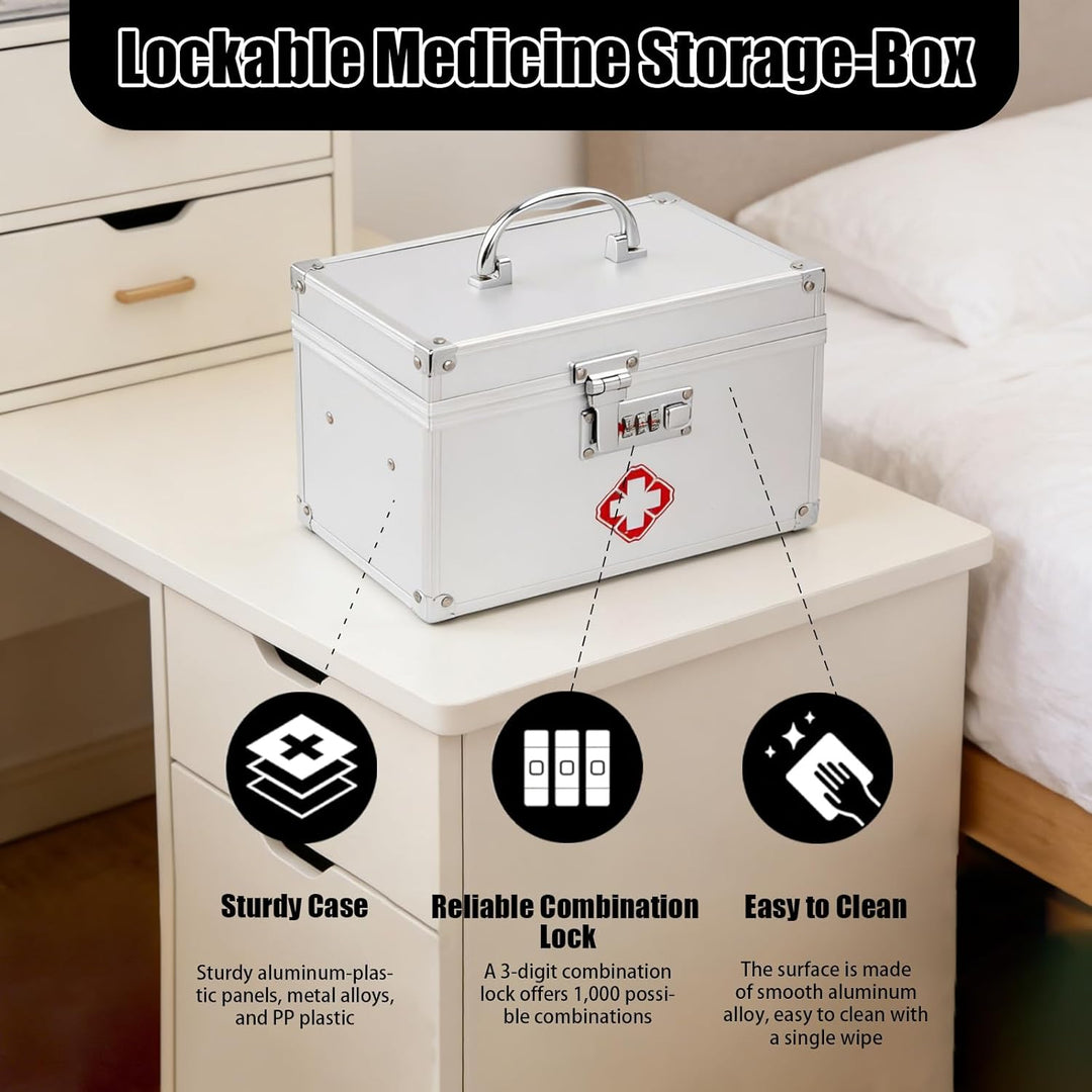 Abschliessbare Medikamentenbox, Portable Erste-Hilfe Koffer, 24.5 x 14 x 16cm, Aufbewahrungsbox, Alu