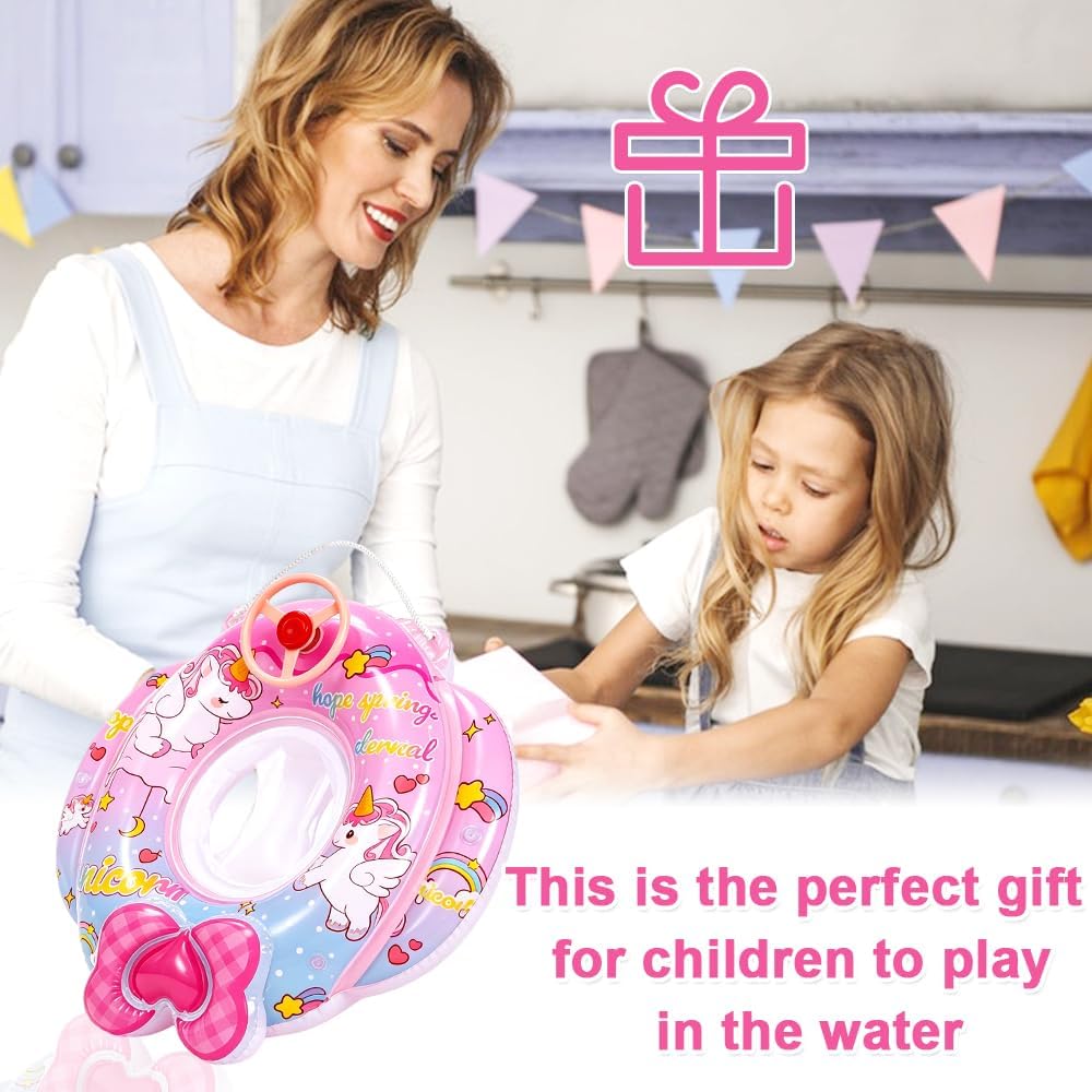 Baby Schwimmring Einhorn, Baby Schwimmhilfen, mit Lenkrad und Sitz, Einhorn Aufblasbarer Schwimmring
