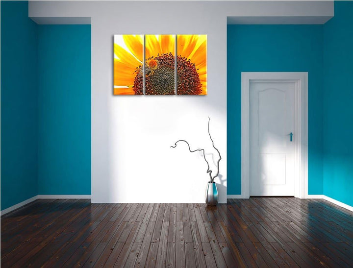 Biene auf Sonnenblume NewArt 3-Teiler Leinwandbild 120x80 Bild auf Leinwand, XXL riesige Bilder fert