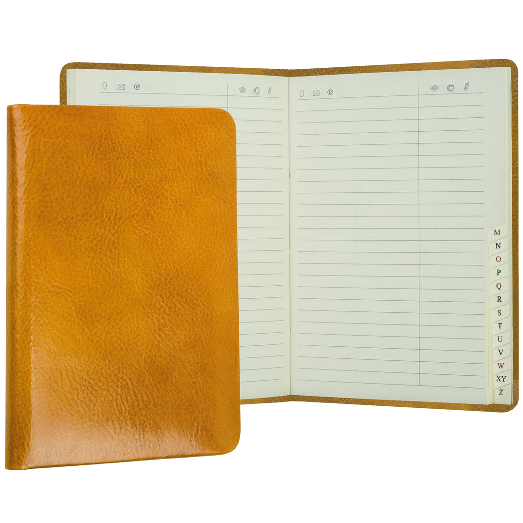 DELMON VARONE - Personalisierbares Adressbuch DIN A6 gebunden mit A-Z Register Anilin Leder braun -