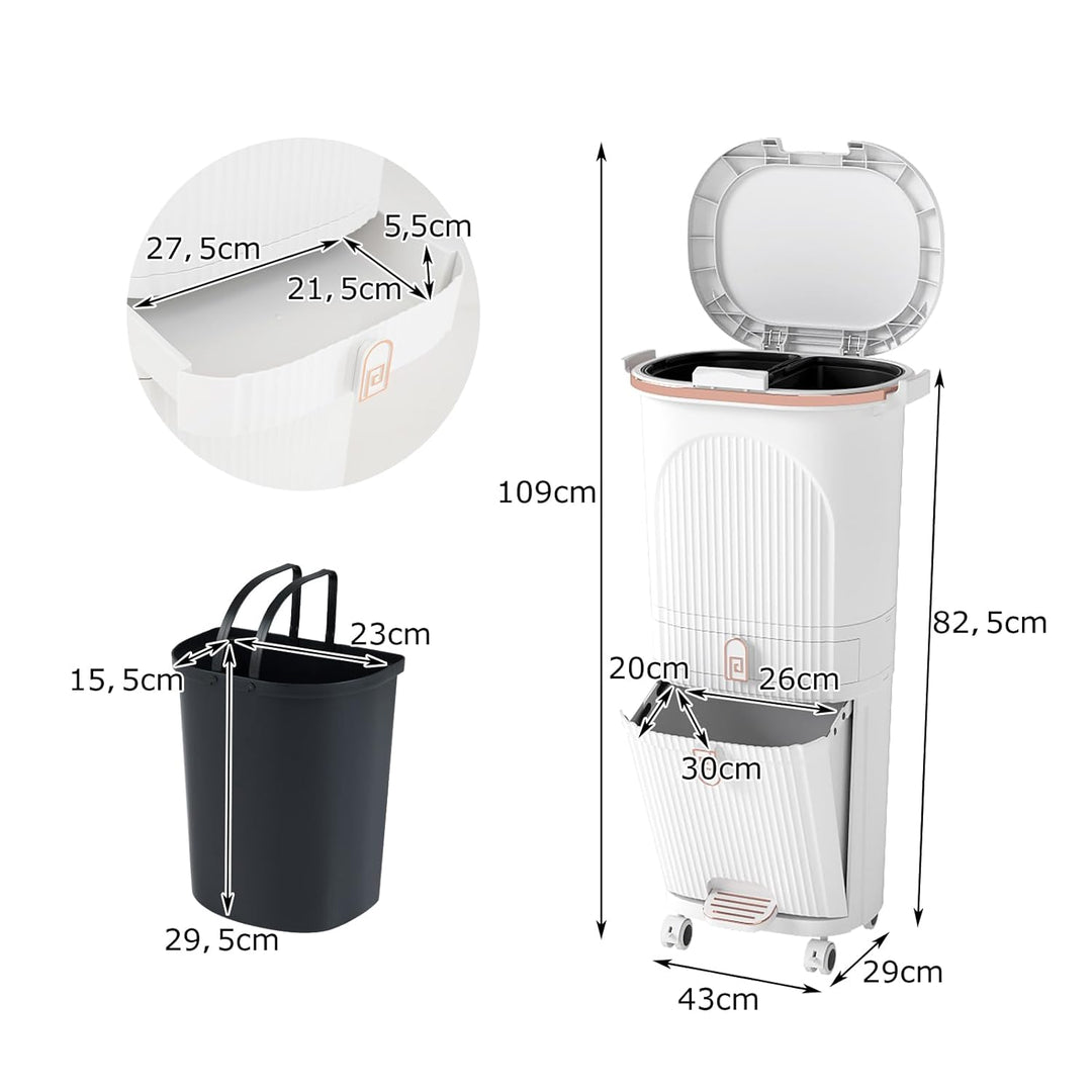 LIFEZEAL 38L / 42L Mülleimer auf Rädern, Abfalleimer mit 3 Fächern & Deckel, Tretmülleimer mit Griff