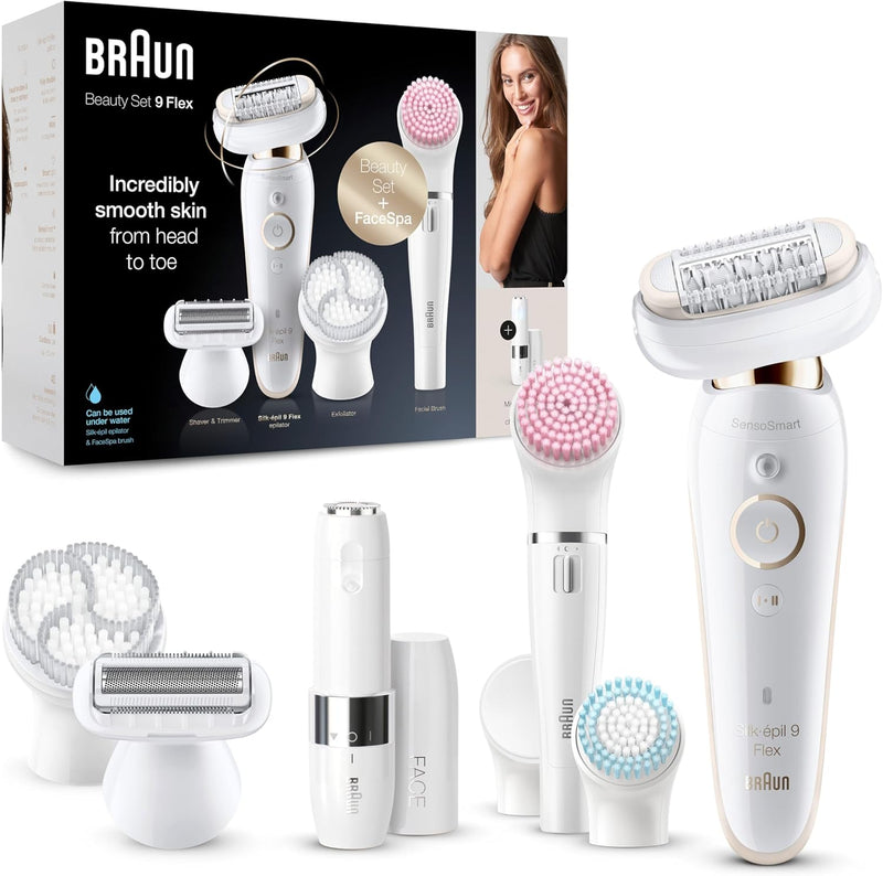 Braun Silk-épil 9 Flex Beauty-Set, Epilierer Damen / Haarentferner, FaceSpa Gesichtshaarentferner, 9