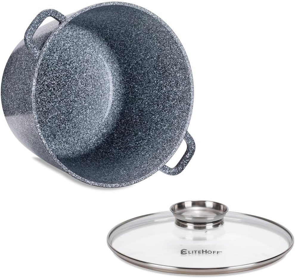 EliteHoff Kochtopf, Suppentopf aus Aluminiumguss mit Antihaftbeschichtung, Induktionstopf mit Glasde