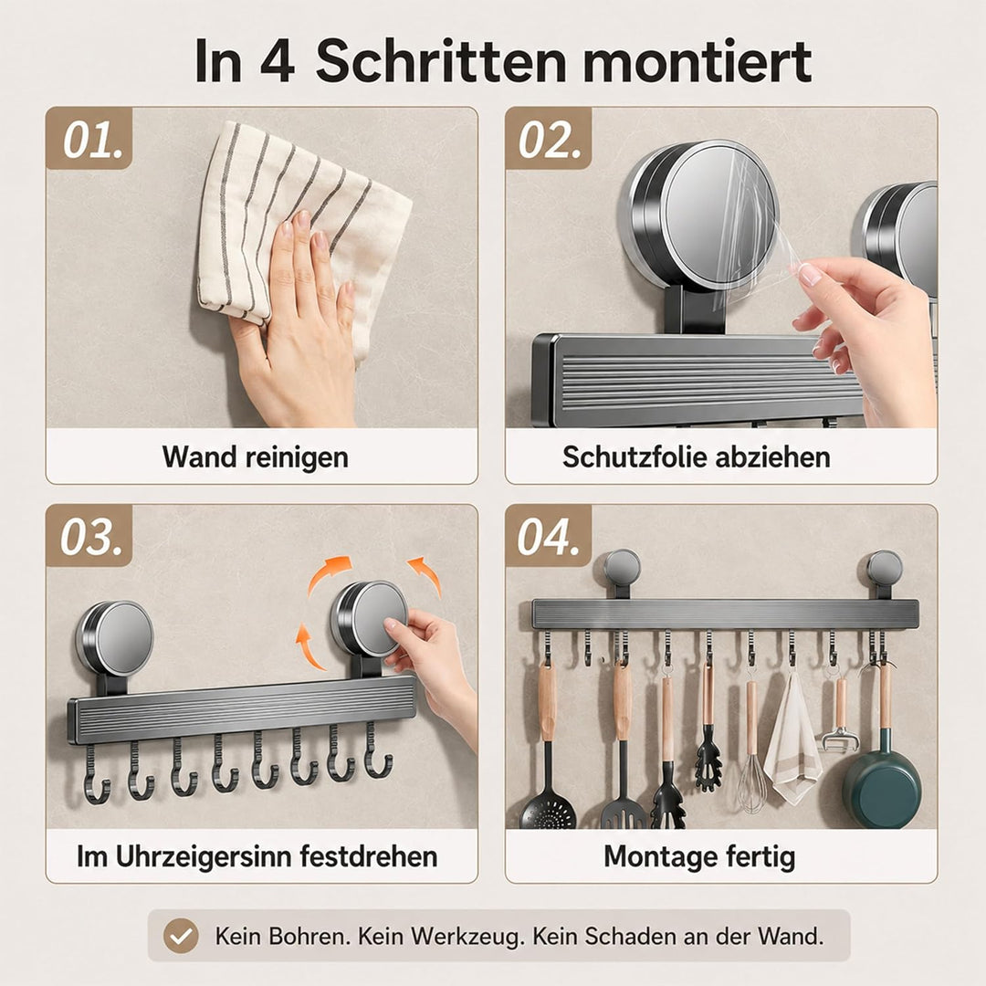 URMONA Hakenleiste Küche ohne Bohren mit Saugnapf | 8 Haken, 40 cm lang, bis 20 kg belastbar, selbst
