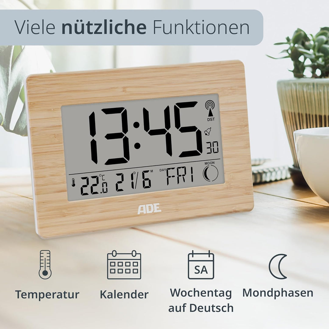 ADE Grosse Funkuhr digital mit XXL-Ziffern | Tischuhr mit Kalender und Wochentag | Digitale Uhr mit