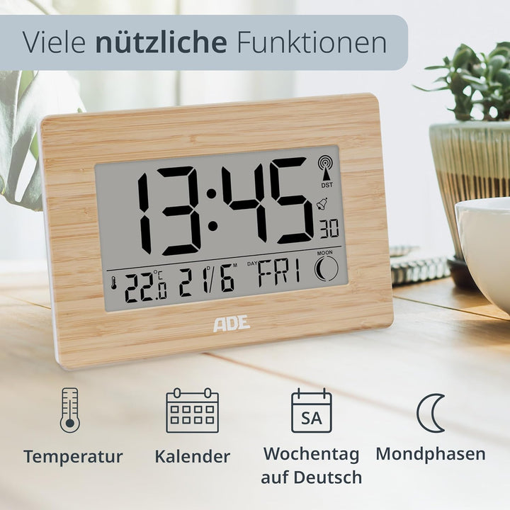 ADE Grosse Funkuhr digital mit XXL-Ziffern | Tischuhr mit Kalender und Wochentag | Digitale Uhr mit