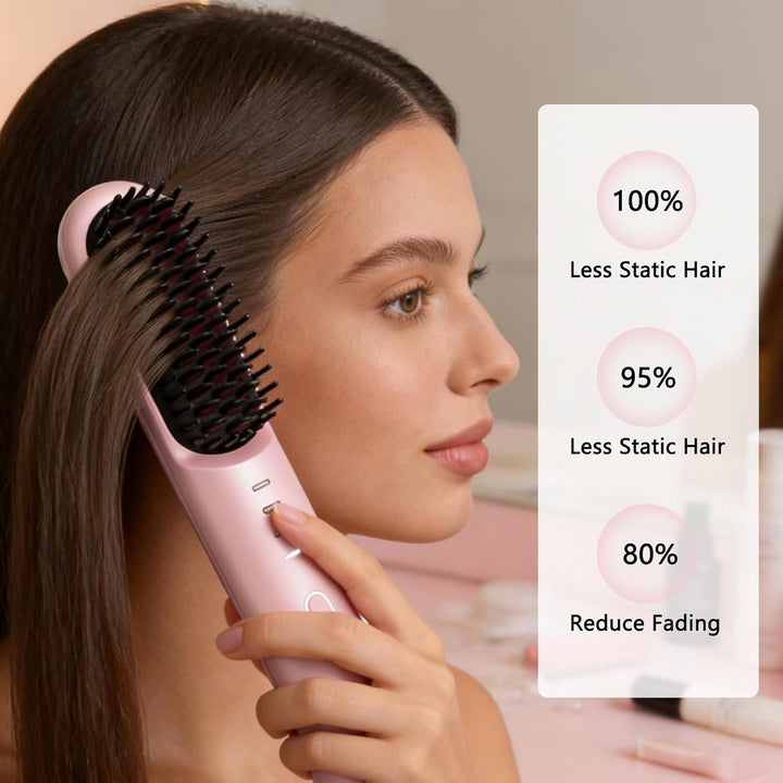 HENGBIRD Kabellose Glättbürste Pink Edition – 3-in-1 Haarglätter Bürste Zum Glätten, Locken & Pflege