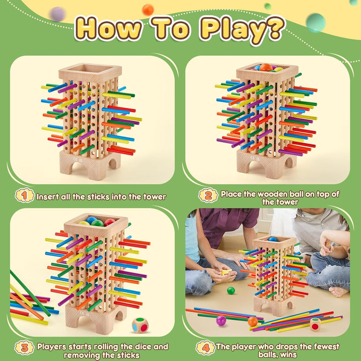 Montessori Spiel Brettspiel aus Holz, Würfelspiel für die Familie, 42 Stück Holzstäbchen Feinmotorik