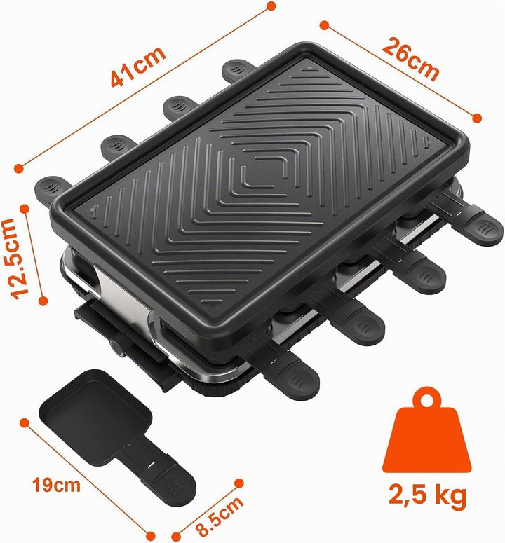 HengBO Raclette Grill für 8 Personen mit 8 Antihaft-Pfännchen, Stufenlos Verstellbare Grillplatte, E