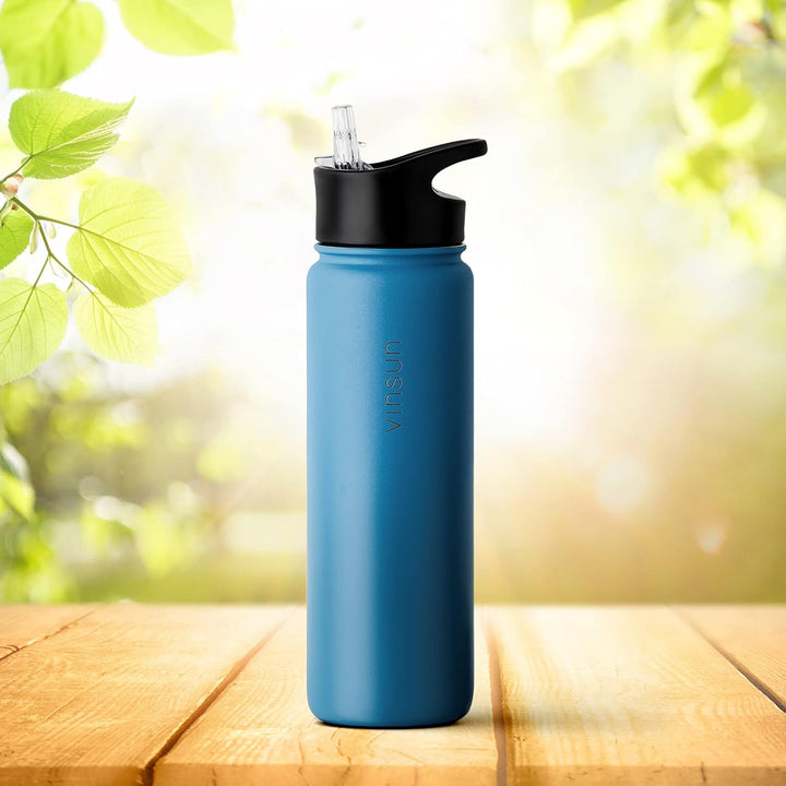 Vinsun Trinkflasche Edelstahl 500ml blau - auslaufsicher, Kohlensäure geeignet, BPA frei - 3 Deckel