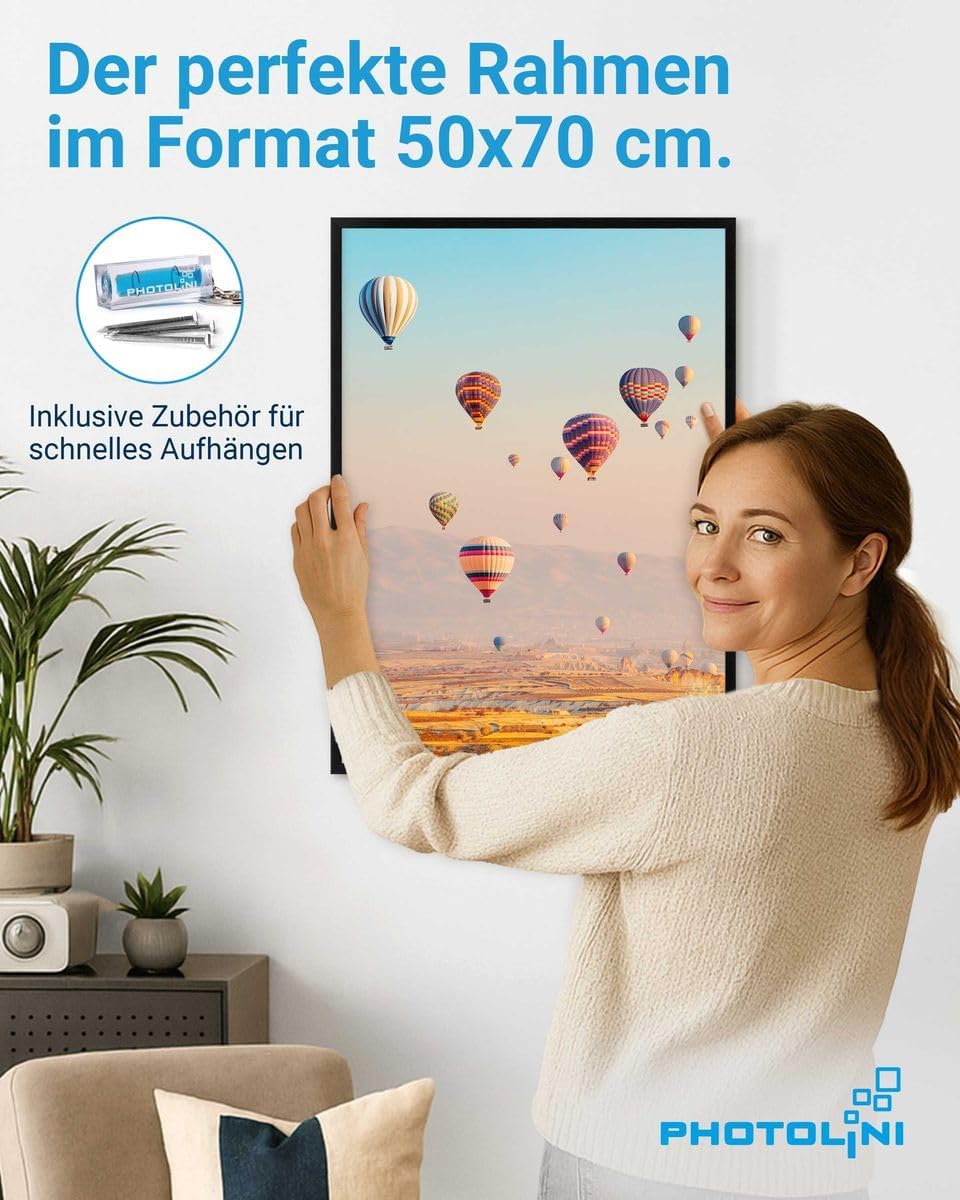 PHOTOLINI Bilderrahmen 50x70 cm Schwarz MDF-Holz, 2er Set Posterrahmen, bruchsicheres Acrylglas, zum