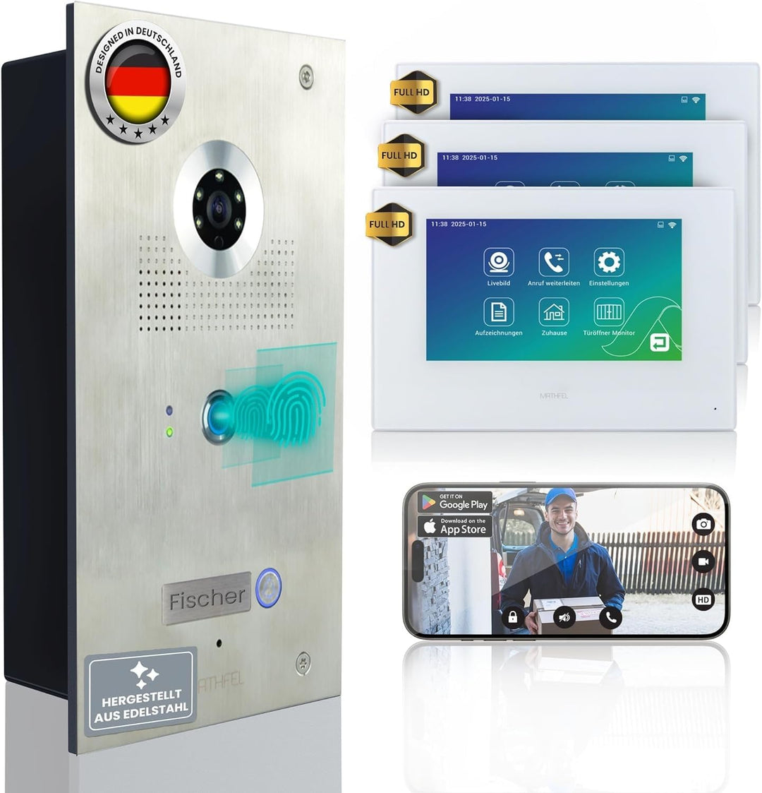MATHFEL Video Türsprechanlage 4-Draht mit Fingerprint, 7'' Monitor und 170° Weitwinkel-Kamera - türk