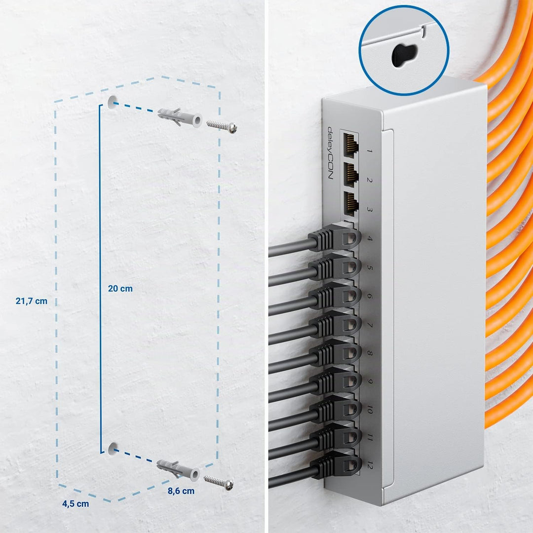 deleyCON CAT 6 Patchpanel Verteilerfeld 12 Port 1 HE Desktop &amp; Wandmontage Geschirmt 12x RJ45 Buchse