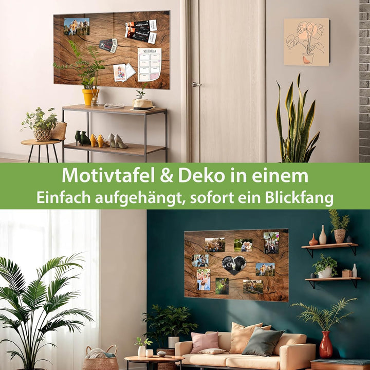 banjado® Glas Magnettafel mit 4 Magneten - Magnetwand 60x40cm mit Motiv Trockenes Holz - Memoboard/P