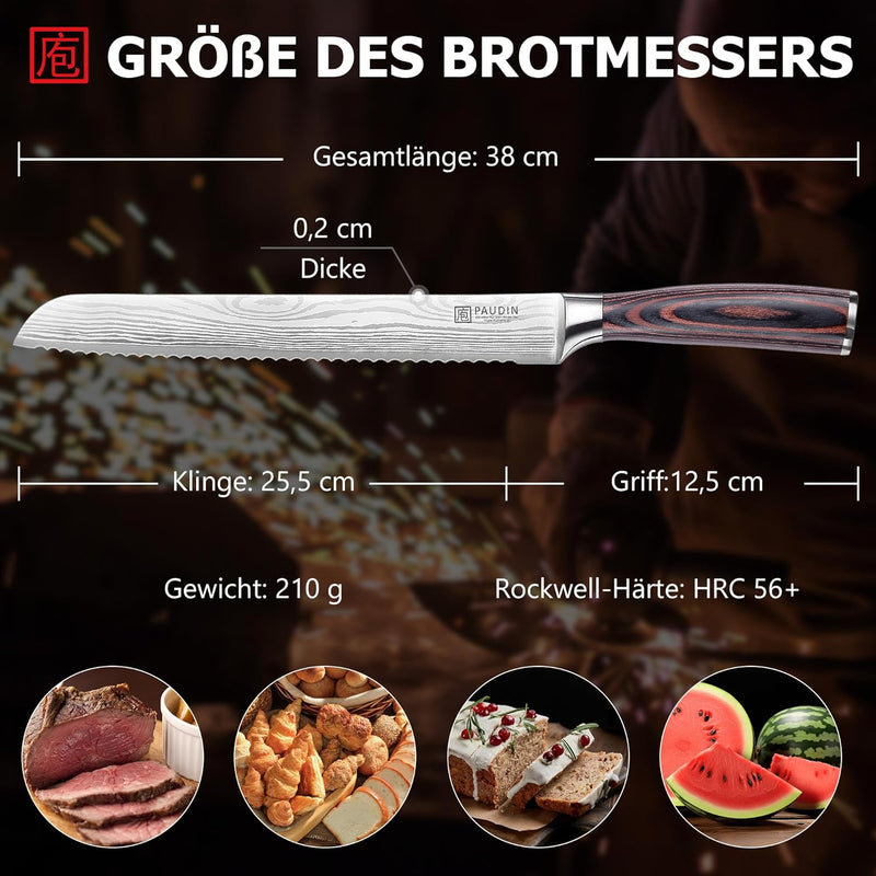 PAUDIN Brotmesser mit Wellenschliff 26 cm aus hochwertigem rostfreiem Edelstahl, extra scharfe Messe