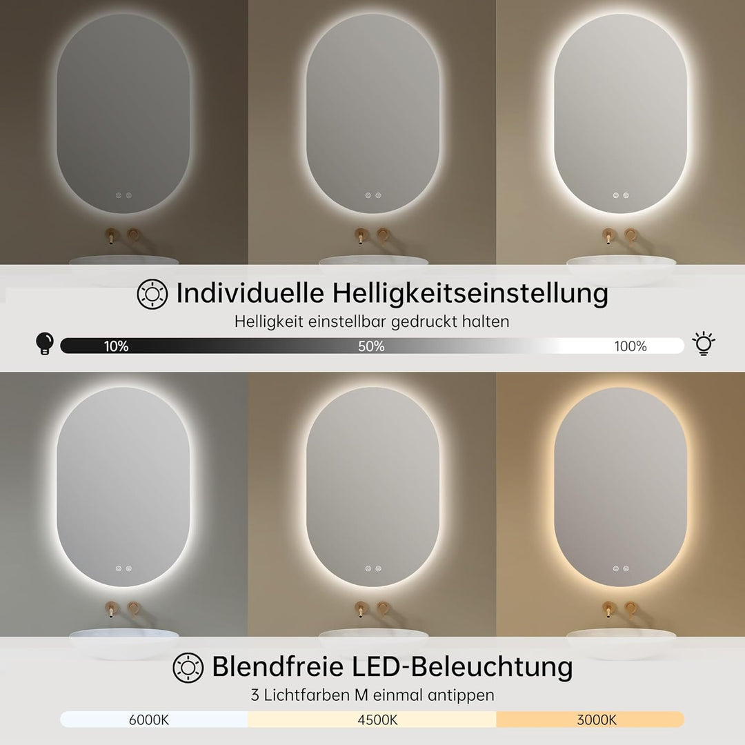 Spiegel mit Beleuchtung Oval LED Badspiegel 50 x 75 cm mit Touch-Schalter, Dimmbar 3 Lichtfarbe Eins