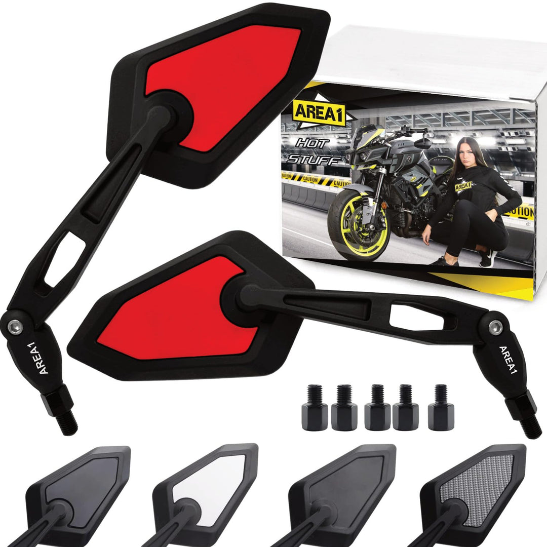 Area1 Universal Motorrad Rückspiegel Paar e-geprüft 2x M10 Rechtsgewinde + Linksgewindeadapter, pass