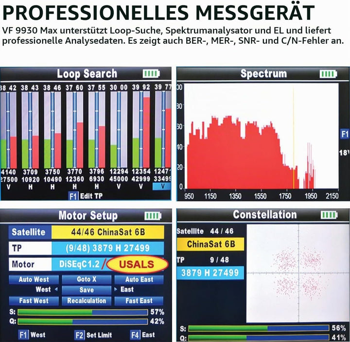 VF9930 Max Sat Finder HVEC 10bit, Satelliten Finder mit Bildschirm 4,3" LCD und TV DVB-S2/S/T2/T/C E
