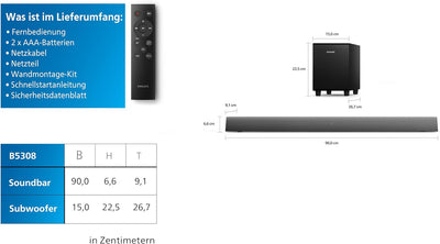 Philips TAB5308/10 Soundbar 2.1 mit kabellosem Subwoofer | 140 W | 4,5" Woofer | 4 EQ-Modi | HDMI AR