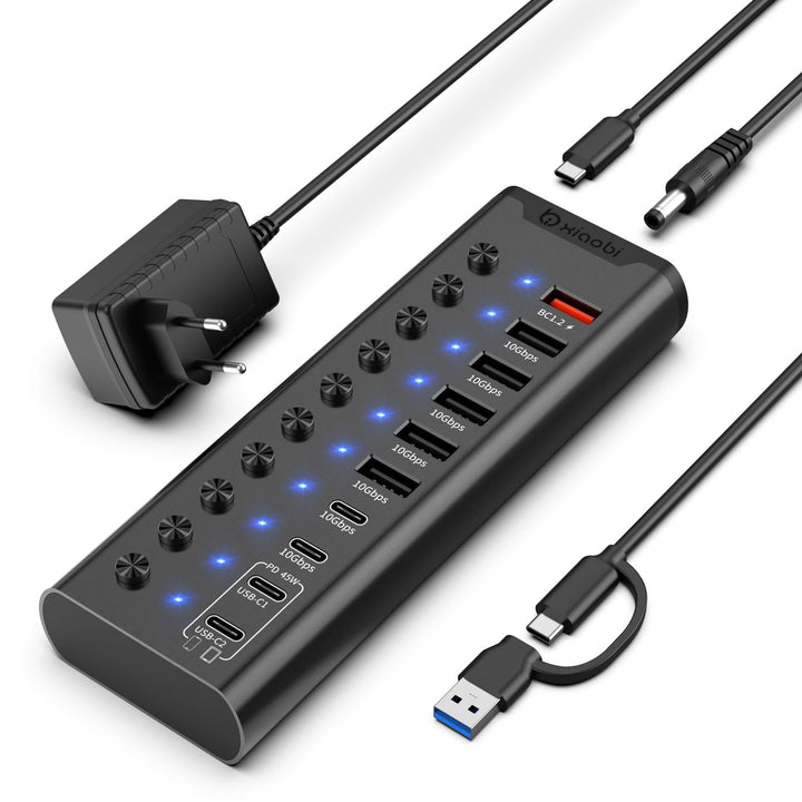 Aktiver USB-Hub, 10-Port USB-C-Hub mit 5X USB-A 3.2 und 2X USB-C 3.2, BC1.2 & 2X PD 45W Ladeports, E
